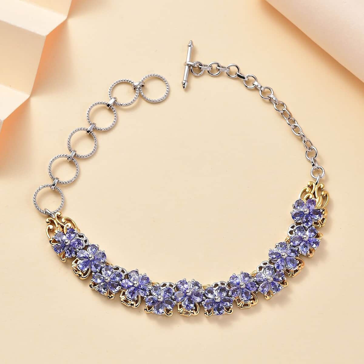 Tanzanite 8.50 ctw Toggle Clasp Floral Bracelet in 18K Vermeil YG and Rhodium Over Sterling Silver (6.50-8.0In) image number 1