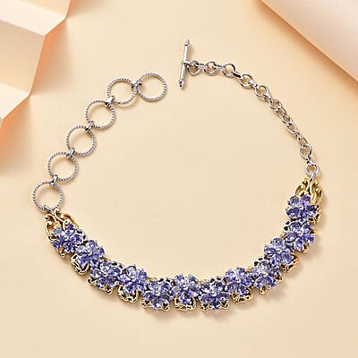 D'Joy Tanzanite 8.50 ctw Toggle Clasp Floral Bracelet in 18K Vermeil YG and Rhodium Over Sterling Silver (6.50-8.0In)