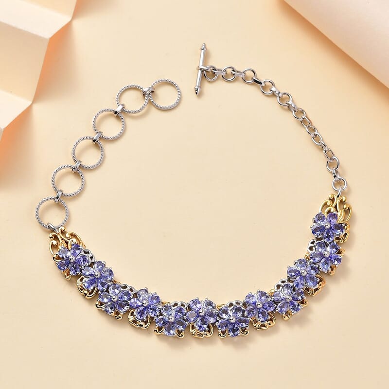 D'Joy Tanzanite 8.50 ctw Toggle Clasp Floral Bracelet in 18K Vermeil YG and Rhodium Over Sterling Silver (6.50-8.0In)