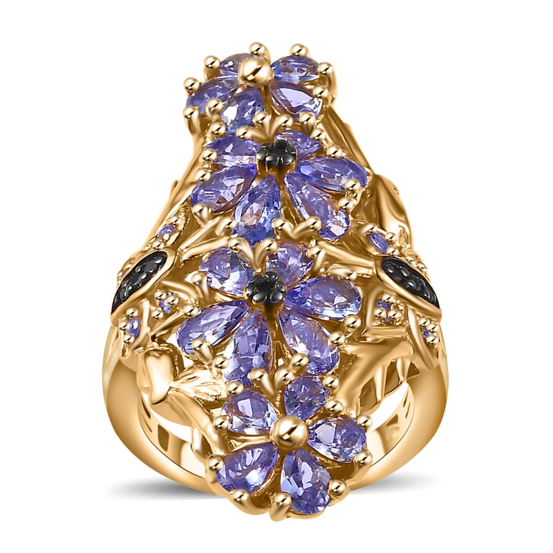 Tanzanite and Thai Black Spinel 3.75 ctw Floral Ring in 18K Vermeil Yellow Gold Over Sterling Silver (Size 10.0)