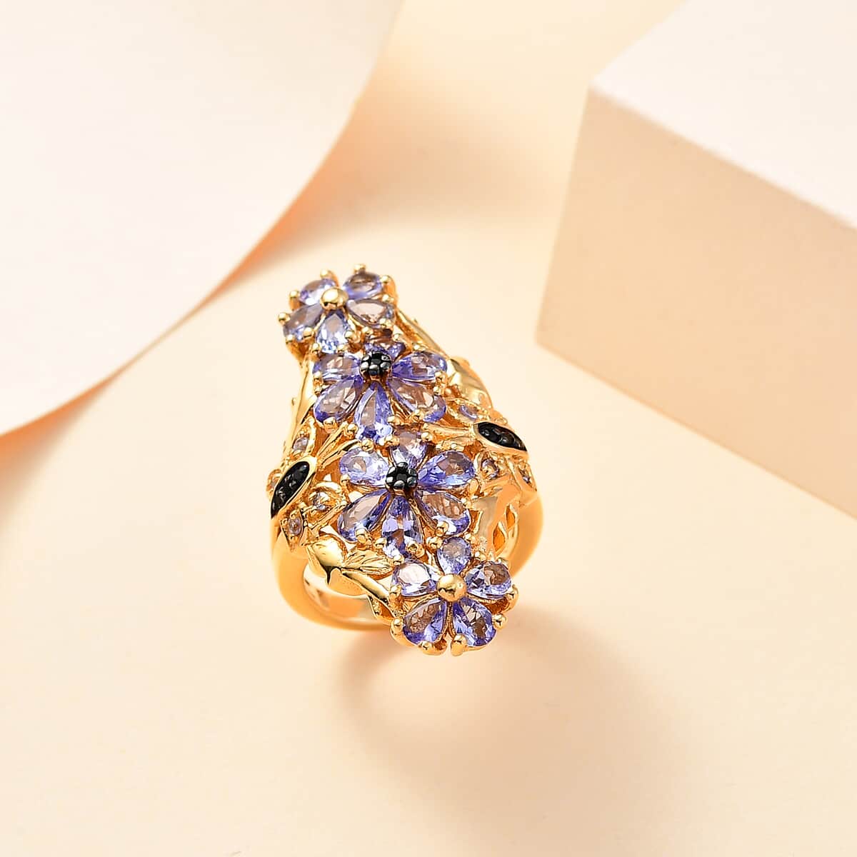 Tanzanite, Thai Black Spinel Floral Ring in 18K Vermeil YG Over Sterling Silver (Size 10.0) 3.75 ctw image number 1