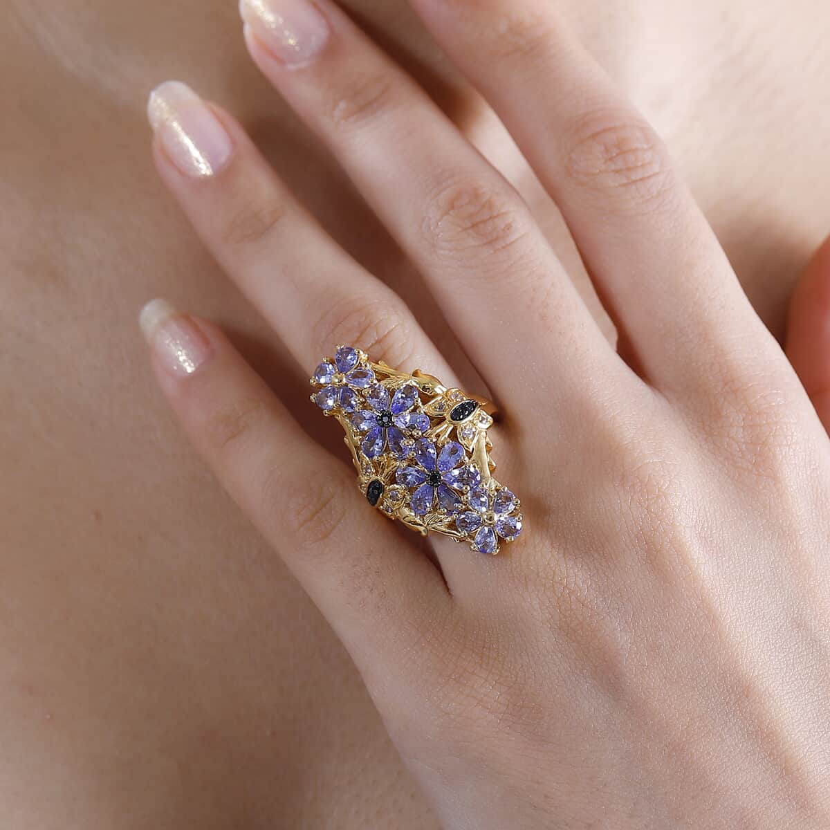 Tanzanite, Thai Black Spinel Floral Ring in 18K Vermeil YG Over Sterling Silver (Size 10.0) 3.75 ctw image number 2