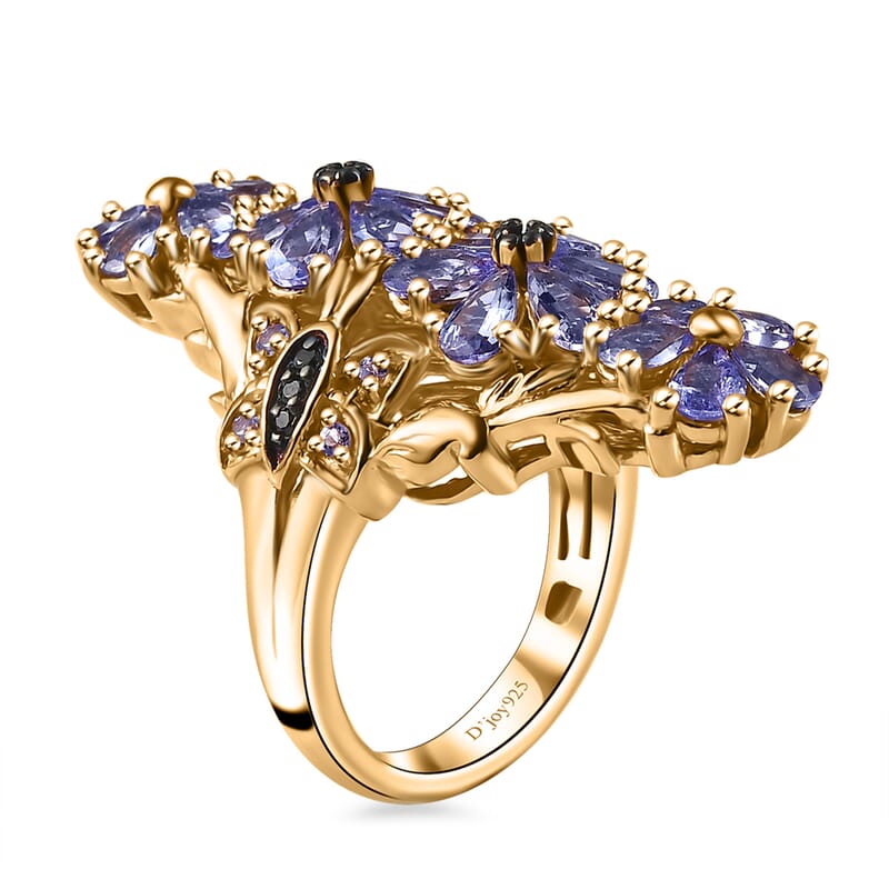 Tanzanite and Thai Black Spinel 3.75 ctw Floral Ring in 18K Vermeil Yellow Gold Over Sterling Silver (Size 10.0)