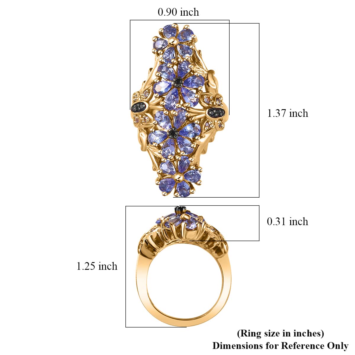 Tanzanite, Thai Black Spinel Floral Ring in 18K Vermeil YG Over Sterling Silver (Size 10.0) 3.75 ctw image number 5