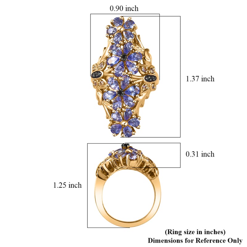 Tanzanite and Thai Black Spinel 3.75 ctw Floral Ring in 18K Vermeil Yellow Gold Over Sterling Silver (Size 10.0)
