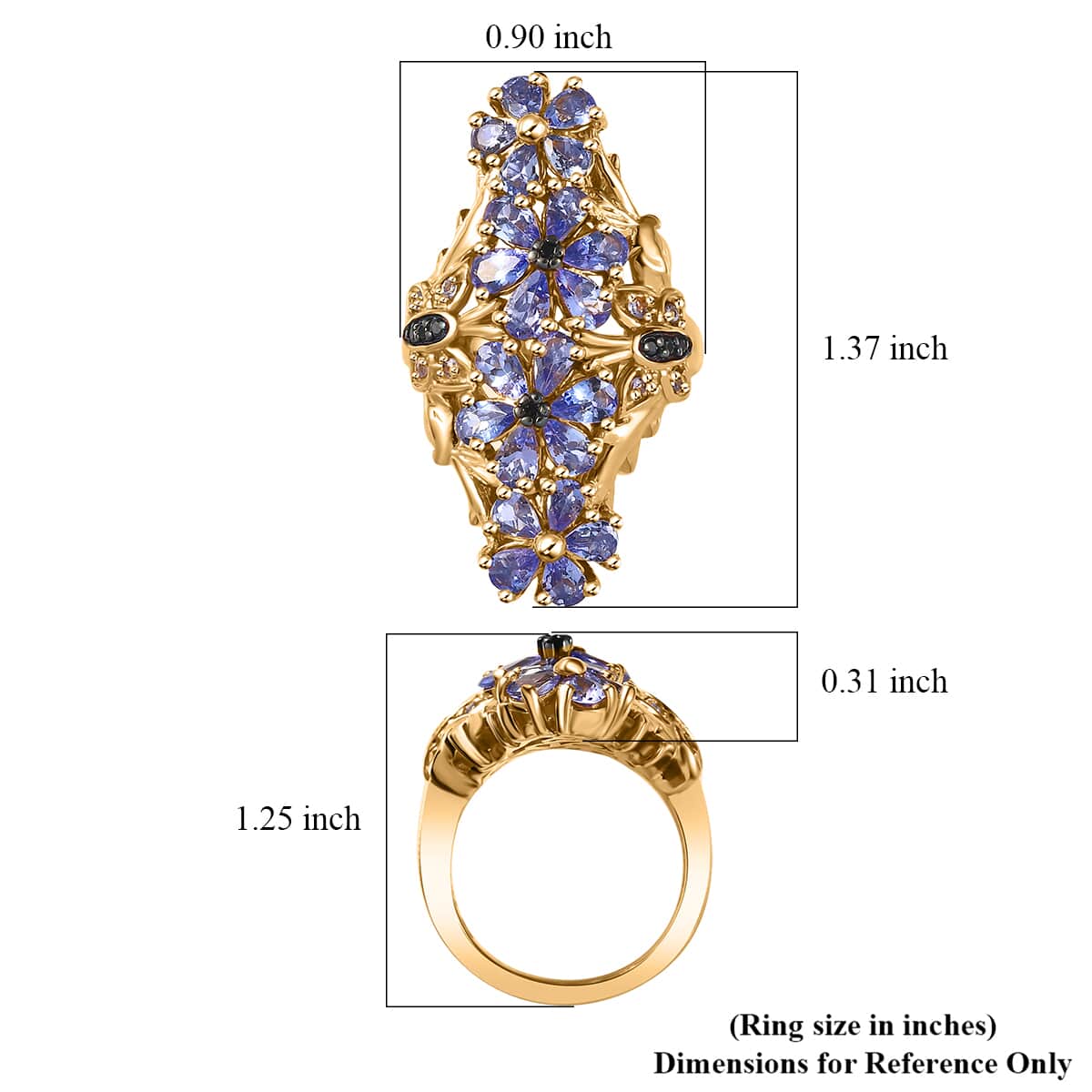 Tanzanite and Thai Black Spinel 3.75 ctw Floral Ring in 18K Vermeil Yellow Gold Over Sterling Silver (Size 6.0) image number 5