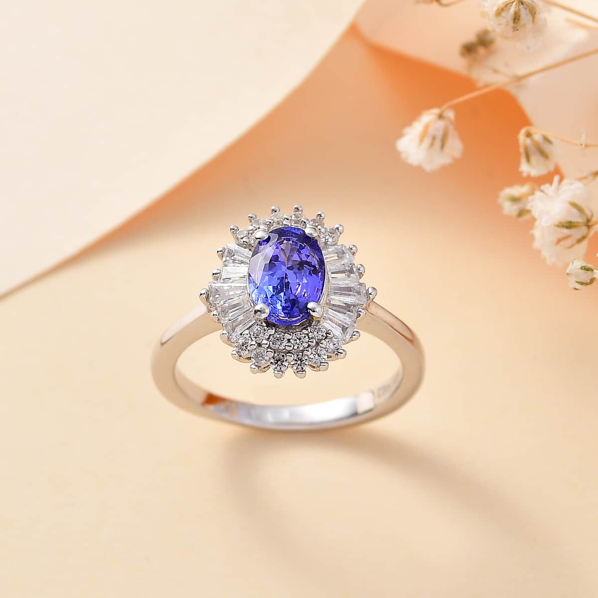 AAA Tanzanite, White Zircon Ballerina Ring in Rhodium Over Sterling Silver (Size 10.0) 1.50 ctw image number 1