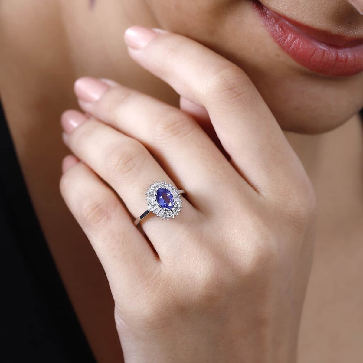 AAA Tanzanite, White Zircon Ballerina Ring in Rhodium Over Sterling Silver (Size 10.0) 1.50 ctw image number 2