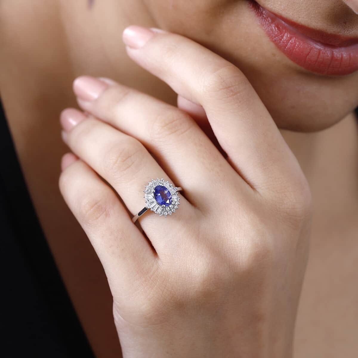 AAA Tanzanite and White Zircon 1.50 ctw Snow and Blue Sky Ring in Rhodium Over Sterling Silver (Size 6.0) image number 2