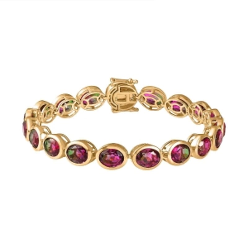 Watermelon Quartz Triplet and Red Garnet 31.21 ctw Bracelet in 18K Vermeil Yellow Gold Over Sterling Silver (7.5 In) (16.13 g)