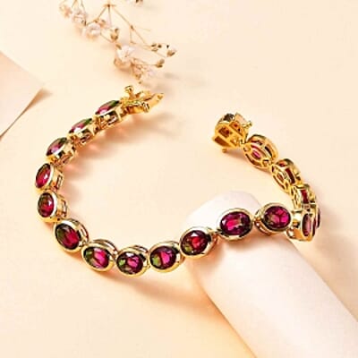 Watermelon Quartz Triplet and Red Garnet 31.21 ctw Bracelet in 18K Vermeil Yellow Gold Over Sterling Silver (7.5 In) (16.13 g)