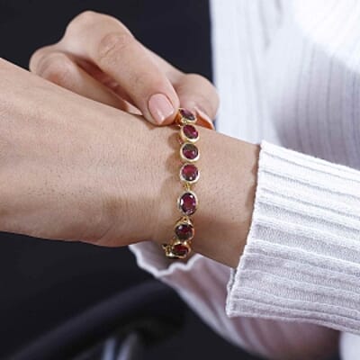 Watermelon Quartz Triplet and Red Garnet 31.21 ctw Bracelet in 18K Vermeil Yellow Gold Over Sterling Silver (7.5 In) (16.13 g)
