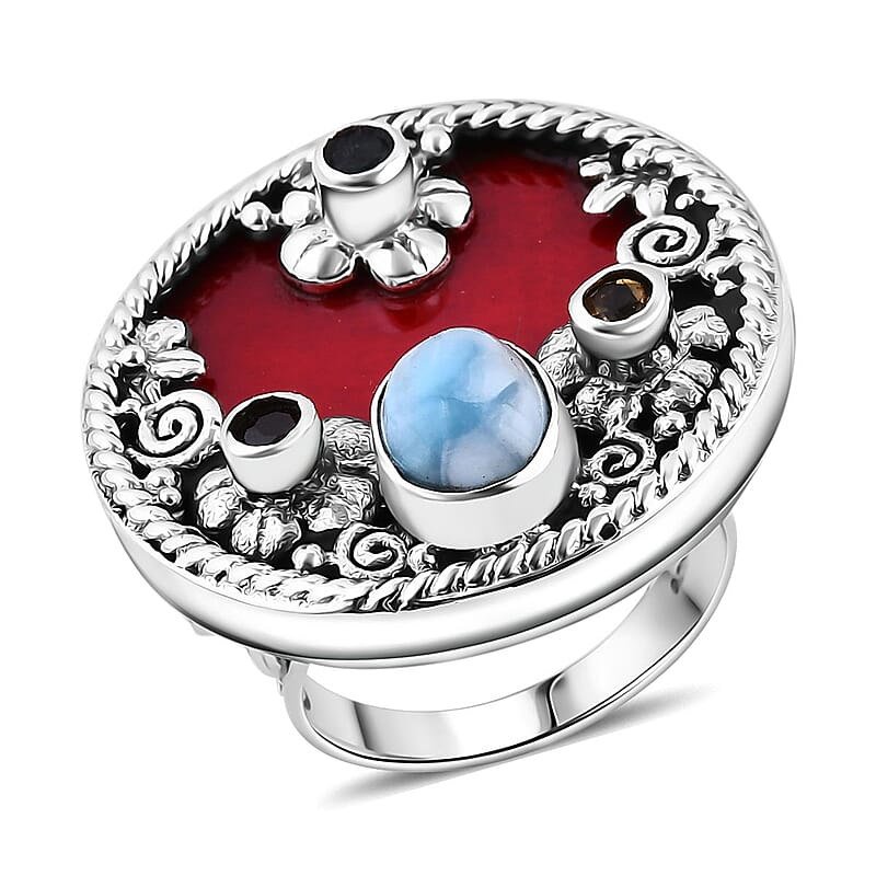 Bali Legacy Sponge Coral, Larimar and Multi Gemstone 2.90 ctw Ocean Bloom Ring in Sterling Silver (Size 10.0)