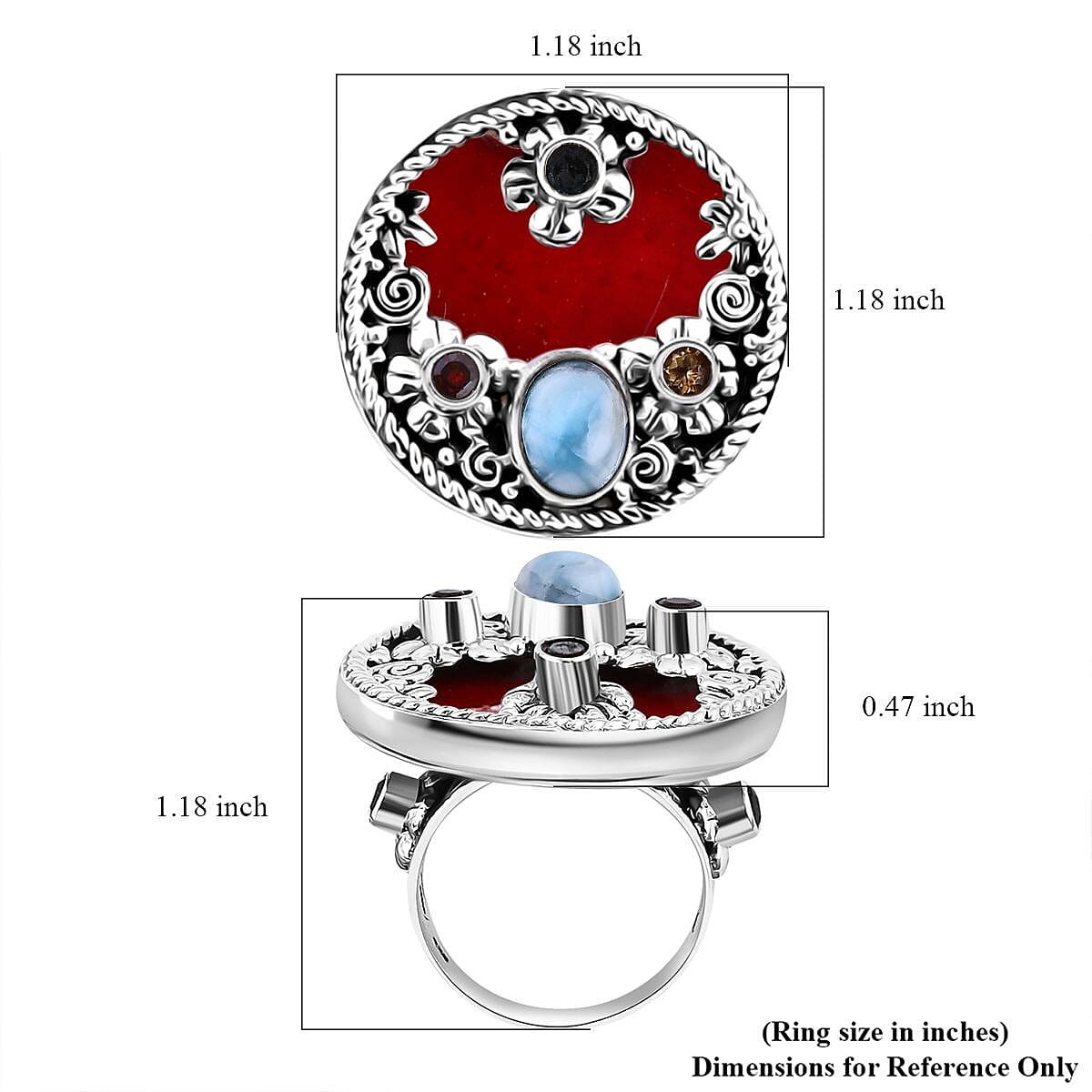 Bali Legacy Sponge Coral, Larimar and Multi Gemstone 2.90 ctw Ocean Bloom Ring in Sterling Silver (Size 10.0)