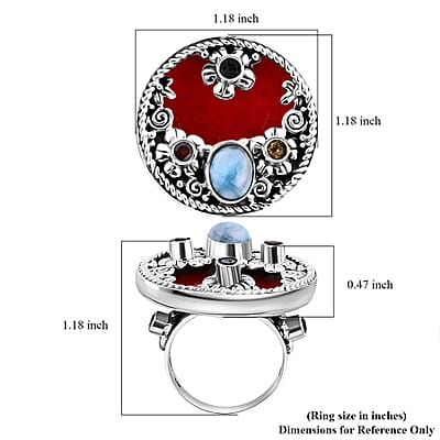 Bali Legacy Sponge Coral, Larimar and Multi Gemstone 2.90 ctw Ocean Bloom Ring in Sterling Silver (Size 10.0)