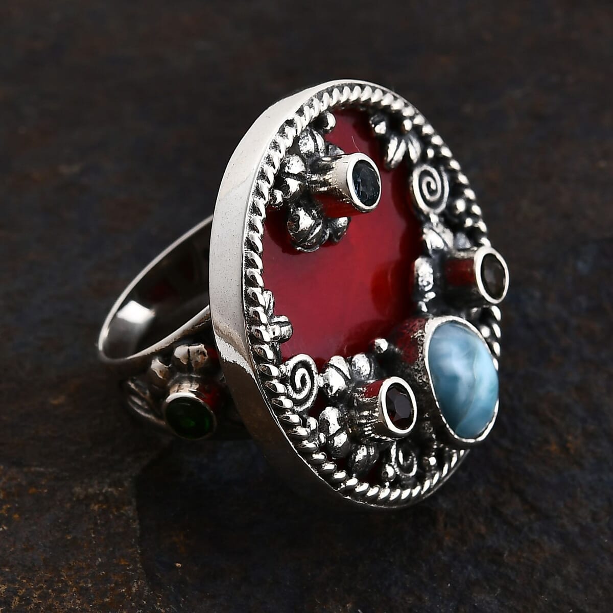 Bali Legacy Sponge Coral, Larimar and Multi Gemstone 2.90 ctw Ocean Bloom Ring in Sterling Silver (Size 7.0) image number 1