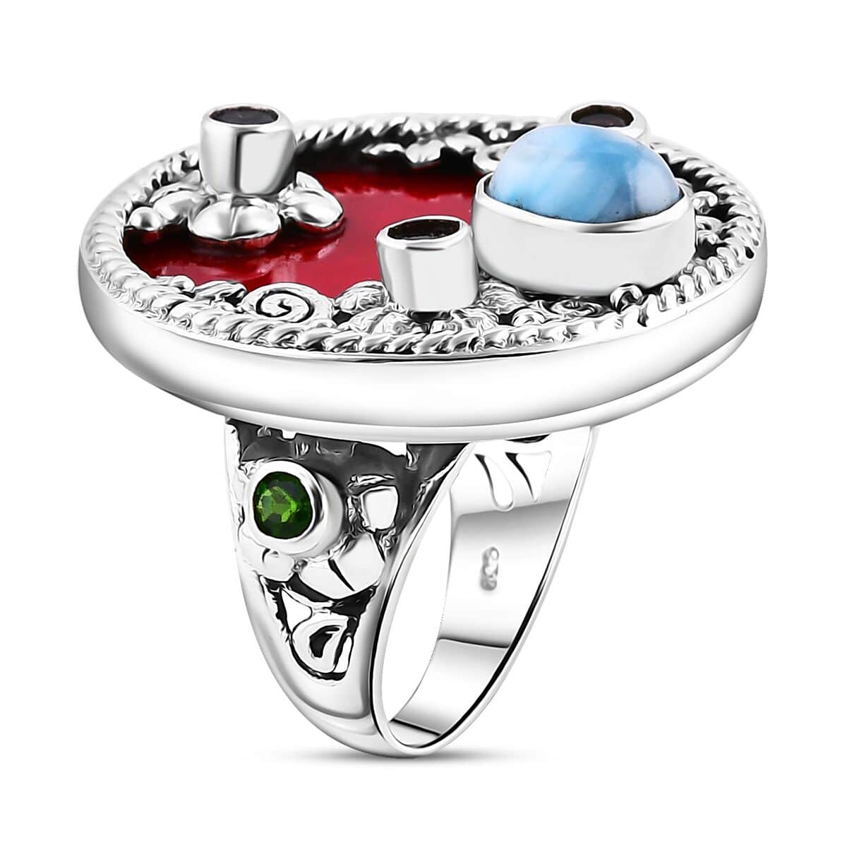 Bali Legacy Sponge Coral, Larimar and Multi Gemstone 2.75 ctw Ocean Bloom Ring in Sterling Silver (Size 8.0) image number 3