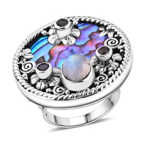 Bali Legacy Abalone Shell, Moon Glow Moonstone and Multi Gemstone 2.75 ctw Ocean Bloom Ring in Sterling Silver (Size 9.0)