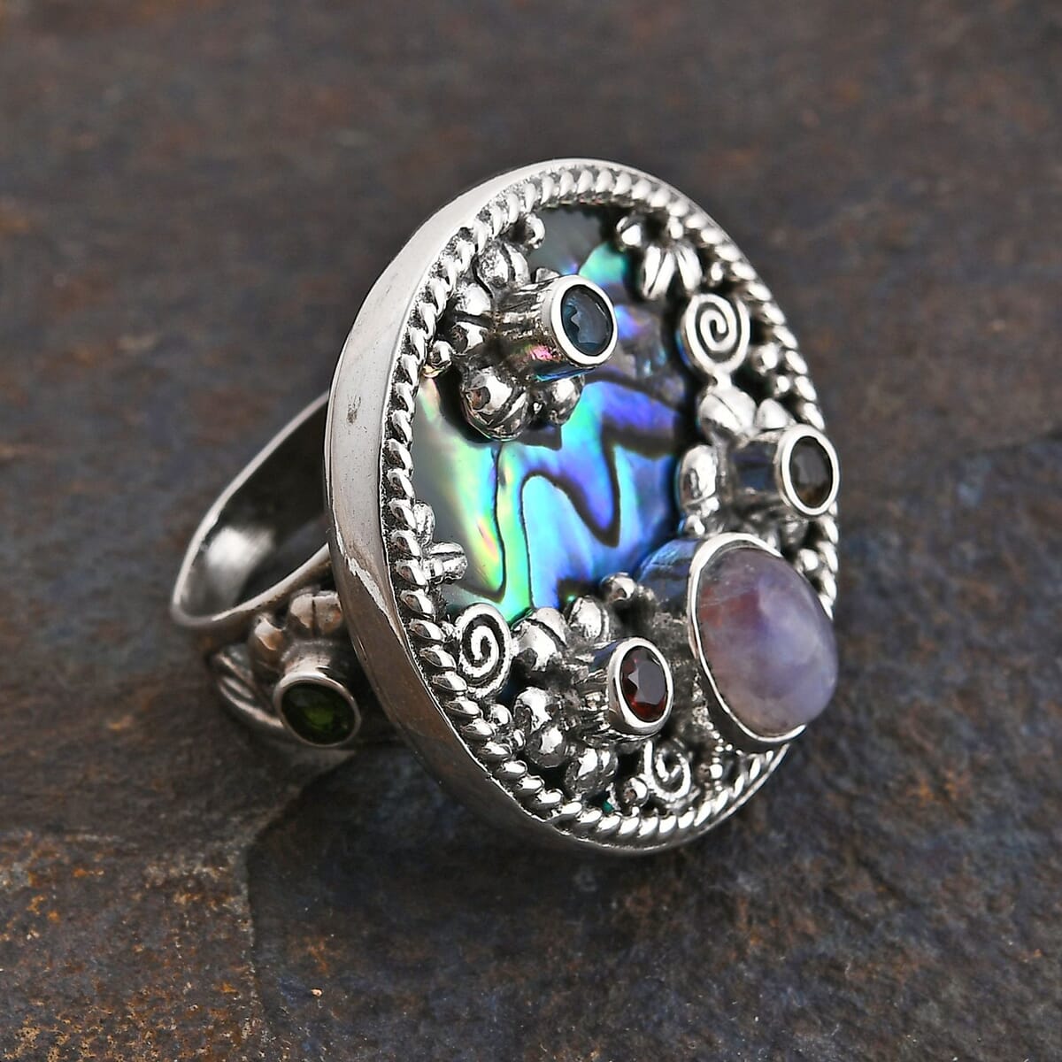 Bali Legacy Abalone Shell, Moon Glow Moonstone and Multi Gemstone 2.75 ctw Ocean Bloom Ring in Sterling Silver (Size 9.0) image number 1