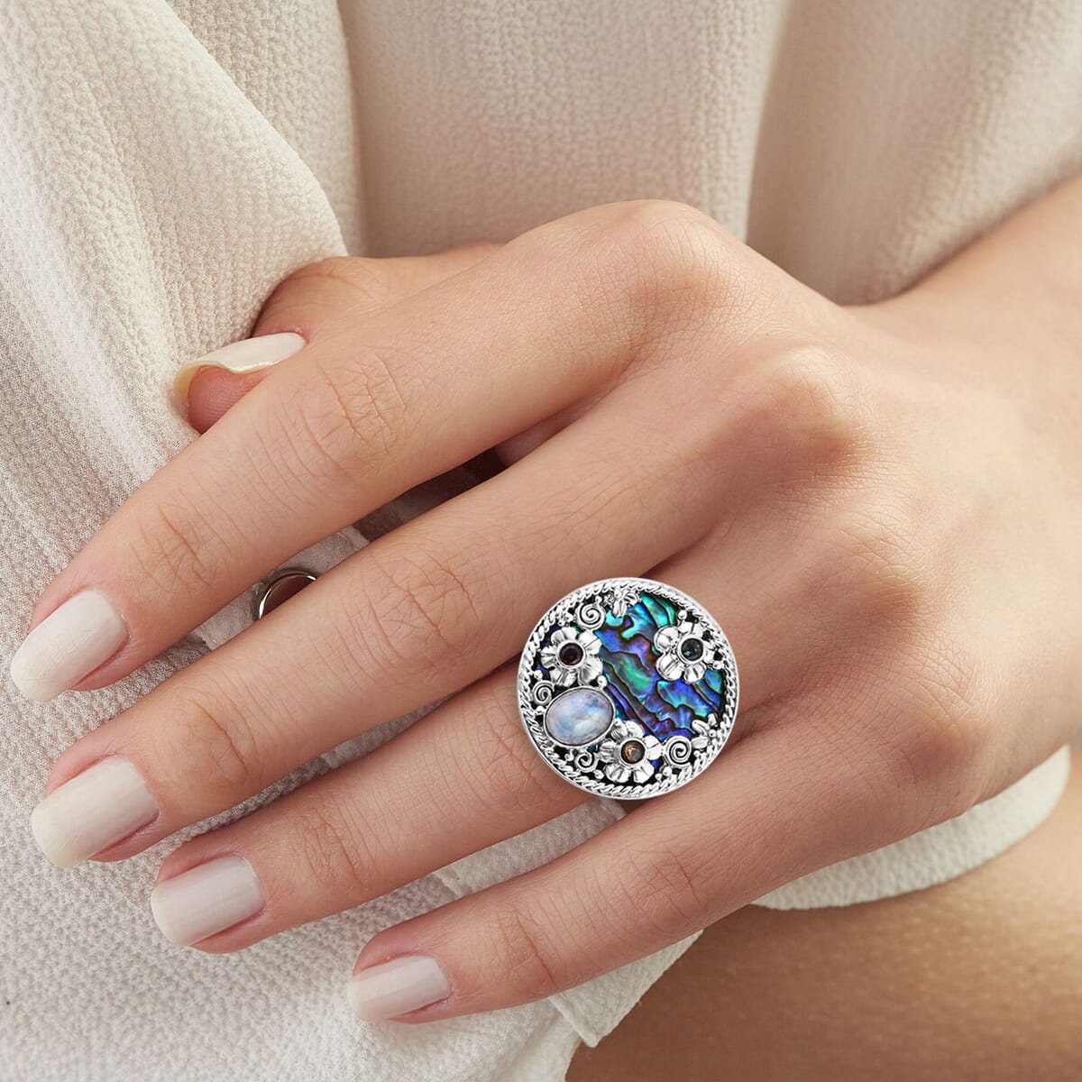 Bali Legacy Abalone Shell, Moon Glow Moonstone and Multi Gemstone 2.75 ctw Ocean Bloom Ring in Sterling Silver (Size 9.0) image number 2