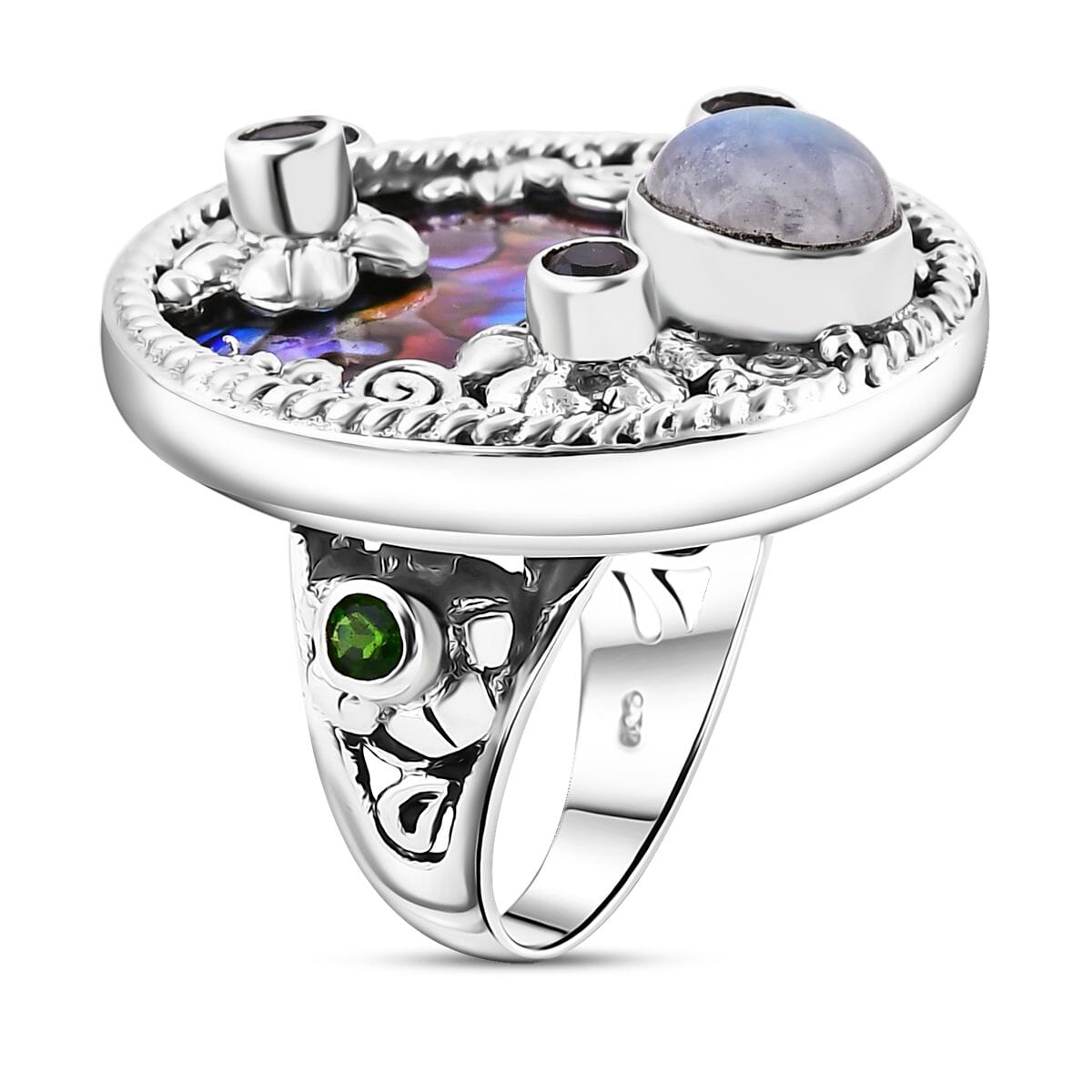 Bali Legacy Abalone Shell, Moon Glow Moonstone and Multi Gemstone 2.75 ctw Ocean Bloom Ring in Sterling Silver (Size 9.0) image number 3