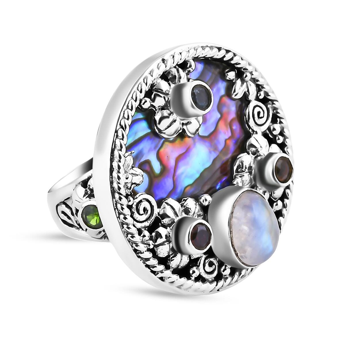 Bali Legacy Abalone Shell, Moon Glow Moonstone and Multi Gemstone 2.75 ctw Ocean Bloom Ring in Sterling Silver (Size 9.0) image number 4