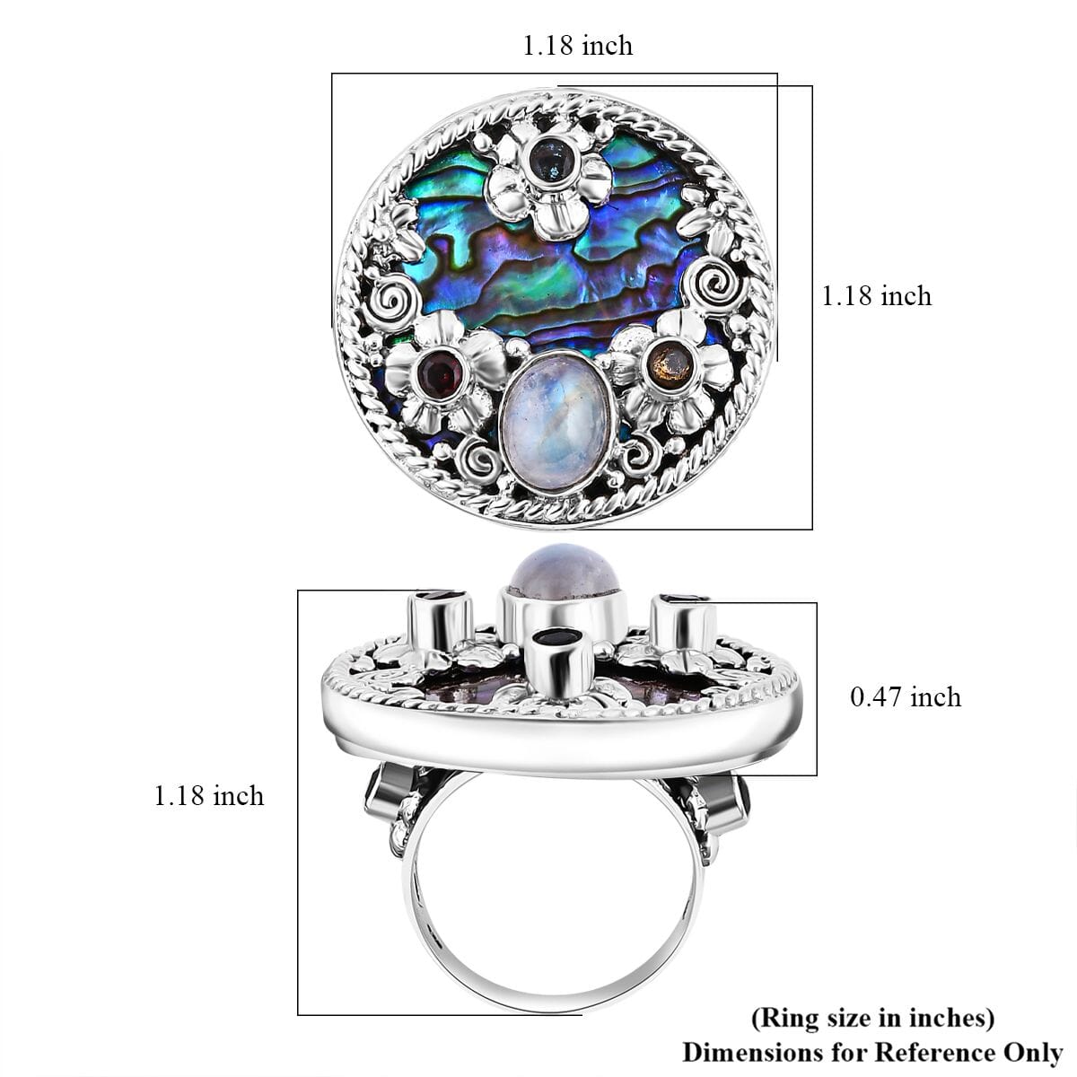 Bali Legacy Abalone Shell, Moon Glow Moonstone and Multi Gemstone 2.75 ctw Ocean Bloom Ring in Sterling Silver (Size 9.0) image number 6
