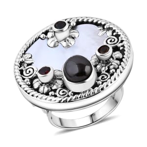 Bali Legacy Mother Of Pearl, Shungite and Multi Gemstone 1.90 ctw Ocean Bloom Ring in Sterling Silver (Size 5.0)