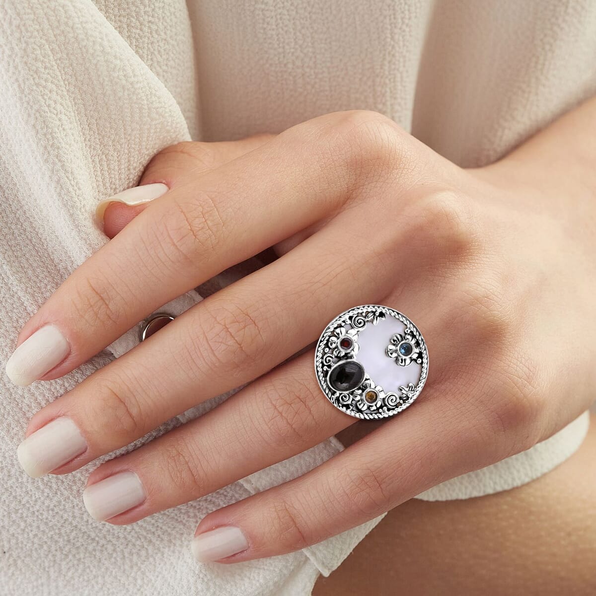 Bali Legacy Mother Of Pearl, Shungite and Multi Gemstone 1.90 ctw Ocean Bloom Ring in Sterling Silver (Size 5.0) image number 2