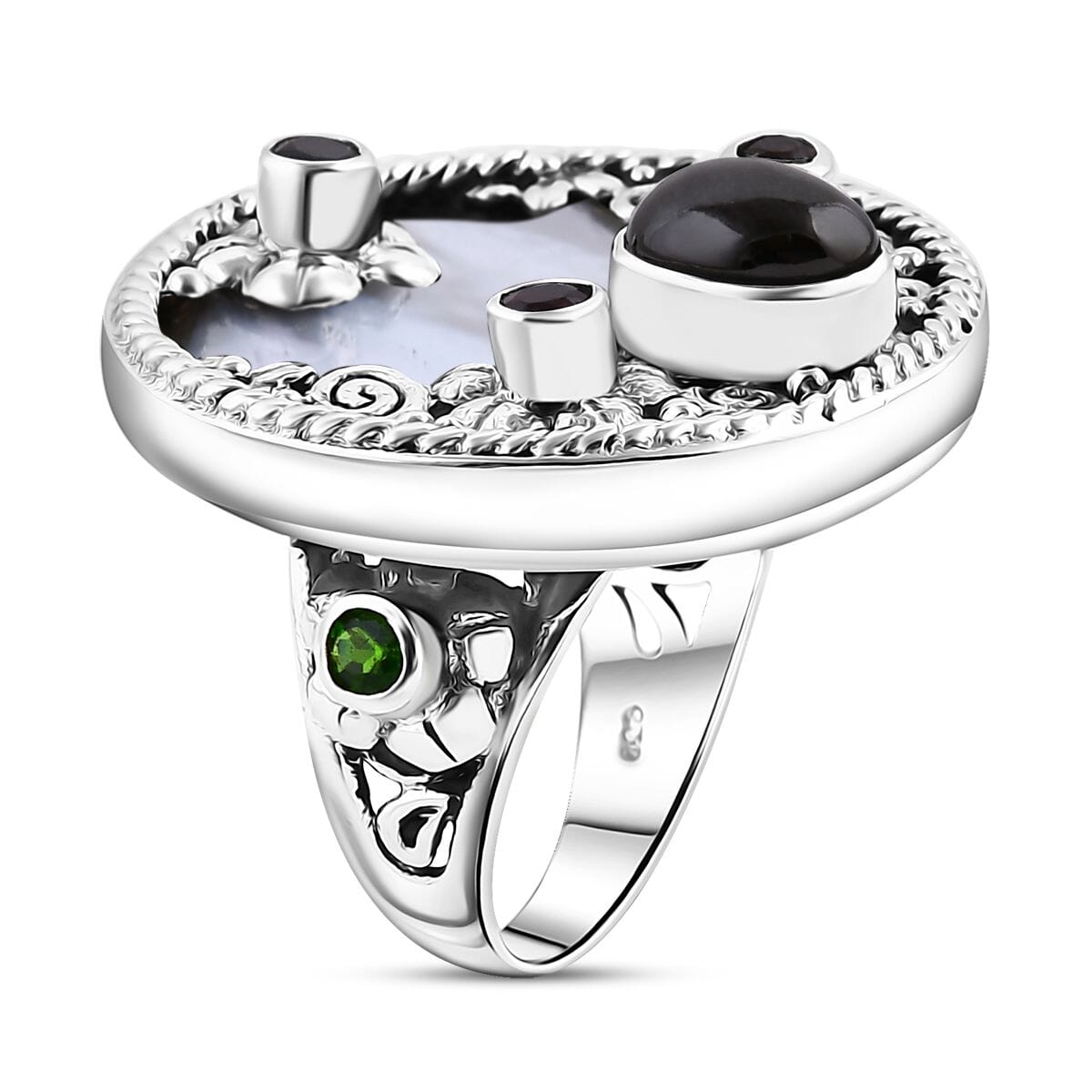 Bali Legacy Mother Of Pearl, Shungite and Multi Gemstone 1.90 ctw Ocean Bloom Ring in Sterling Silver (Size 5.0) image number 3