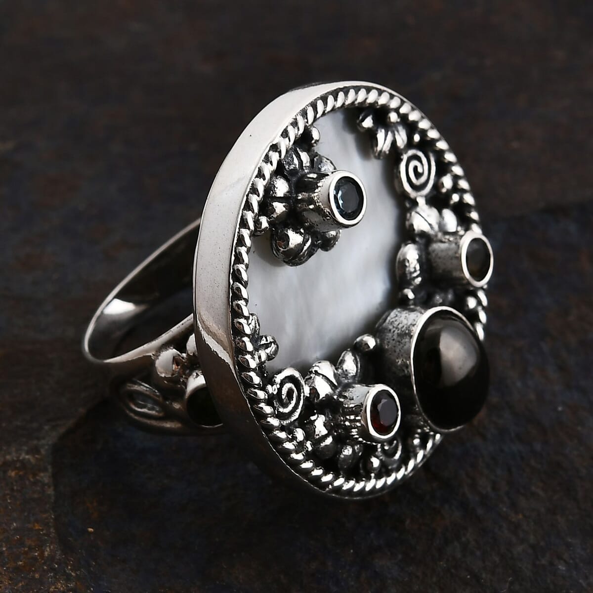 Bali Legacy Mother Of Pearl, Shungite and Multi Gemstone 1.90 ctw Ocean Bloom Ring in Sterling Silver (Size 6.0) image number 1