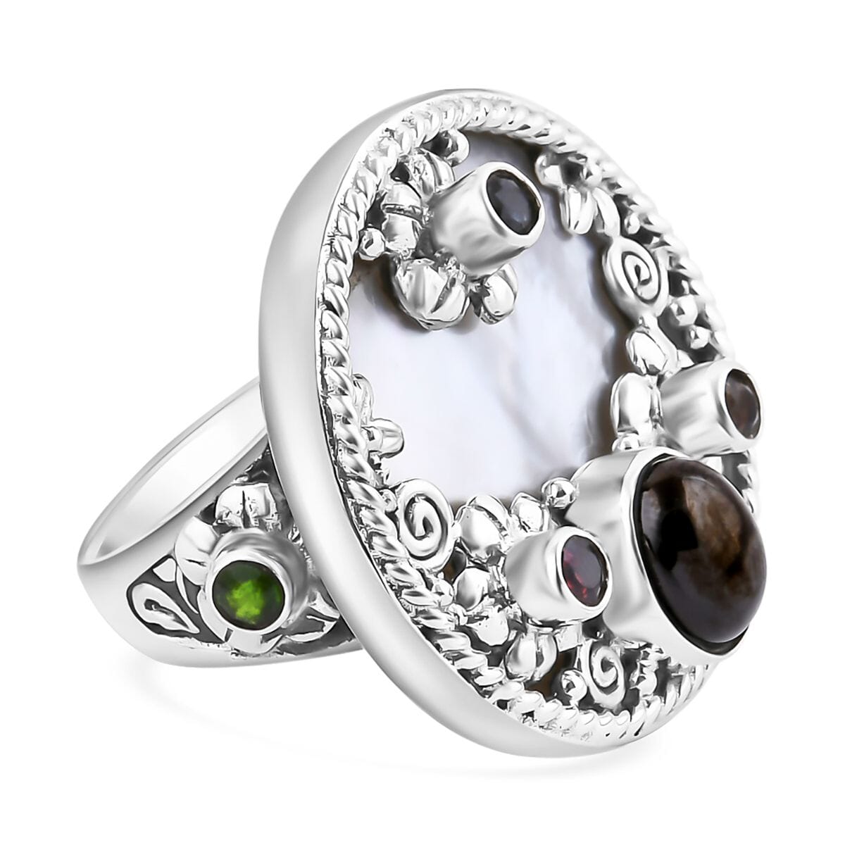 Bali Legacy Mother Of Pearl, Shungite and Multi Gemstone 1.90 ctw Ocean Bloom Ring in Sterling Silver (Size 6.0) image number 4