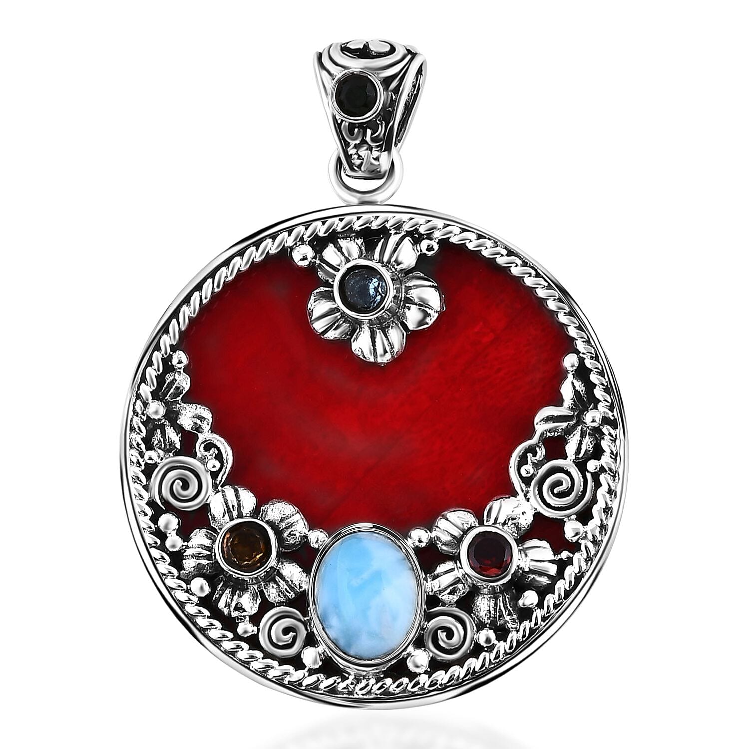 Bali Legacy Sponge Coral, Larimar and Multi Gemstone 3.90 ctw Ocean Bloom Pendant without Chain in Sterling Silver