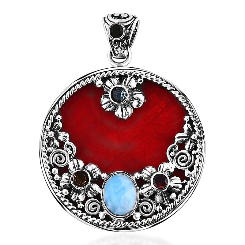 Bali Legacy Sponge Coral, Larimar and Multi Gemstone 3.90 ctw Ocean Bloom Pendant without Chain in Sterling Silver