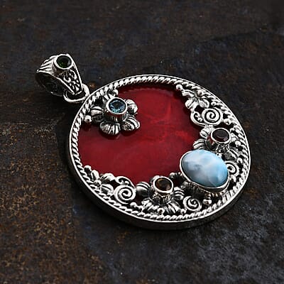 Bali Legacy Sponge Coral, Larimar and Multi Gemstone 3.90 ctw Ocean Bloom Pendant without Chain in Sterling Silver