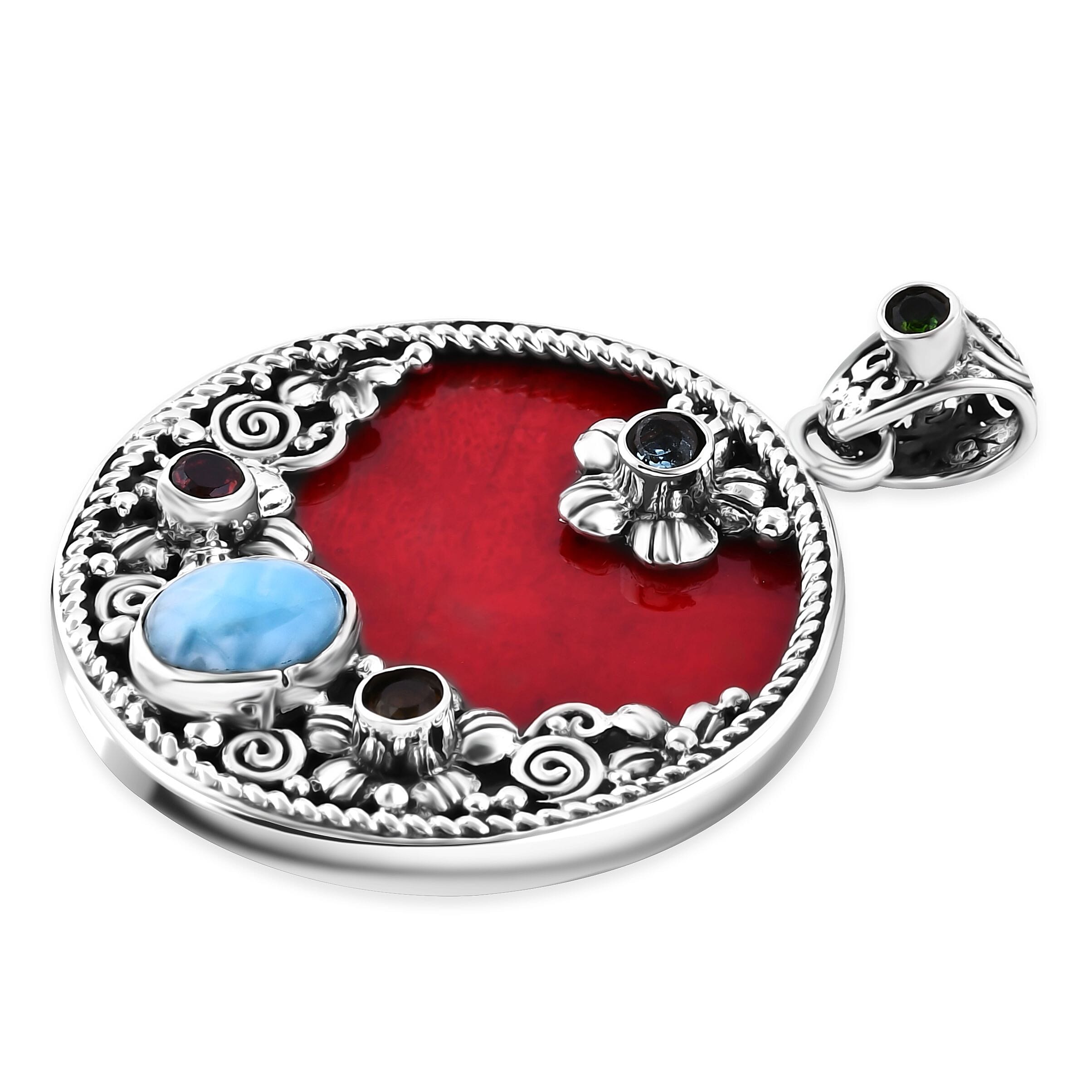 Bali Legacy Sponge Coral, Larimar and Multi Gemstone 3.90 ctw Ocean Bloom Pendant without Chain in Sterling Silver