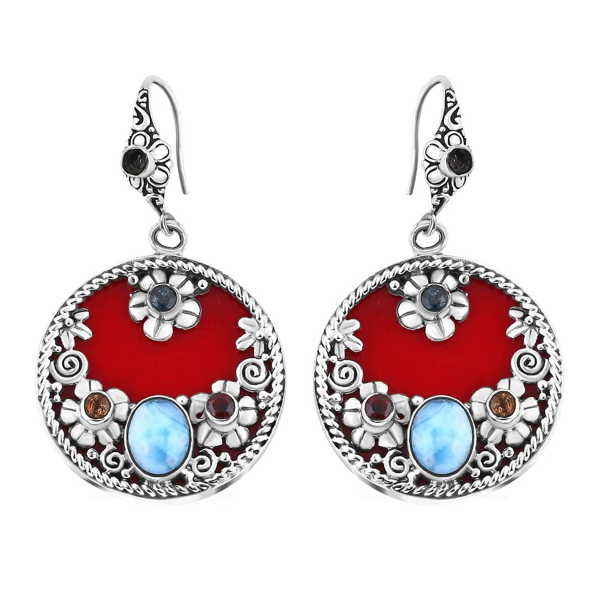 TLV Bali Legacy Sponge Coral, Larimar, Multi Gemstone Ocean Bloom Earrings in Sterling Silver 5.60 ctw image number 0