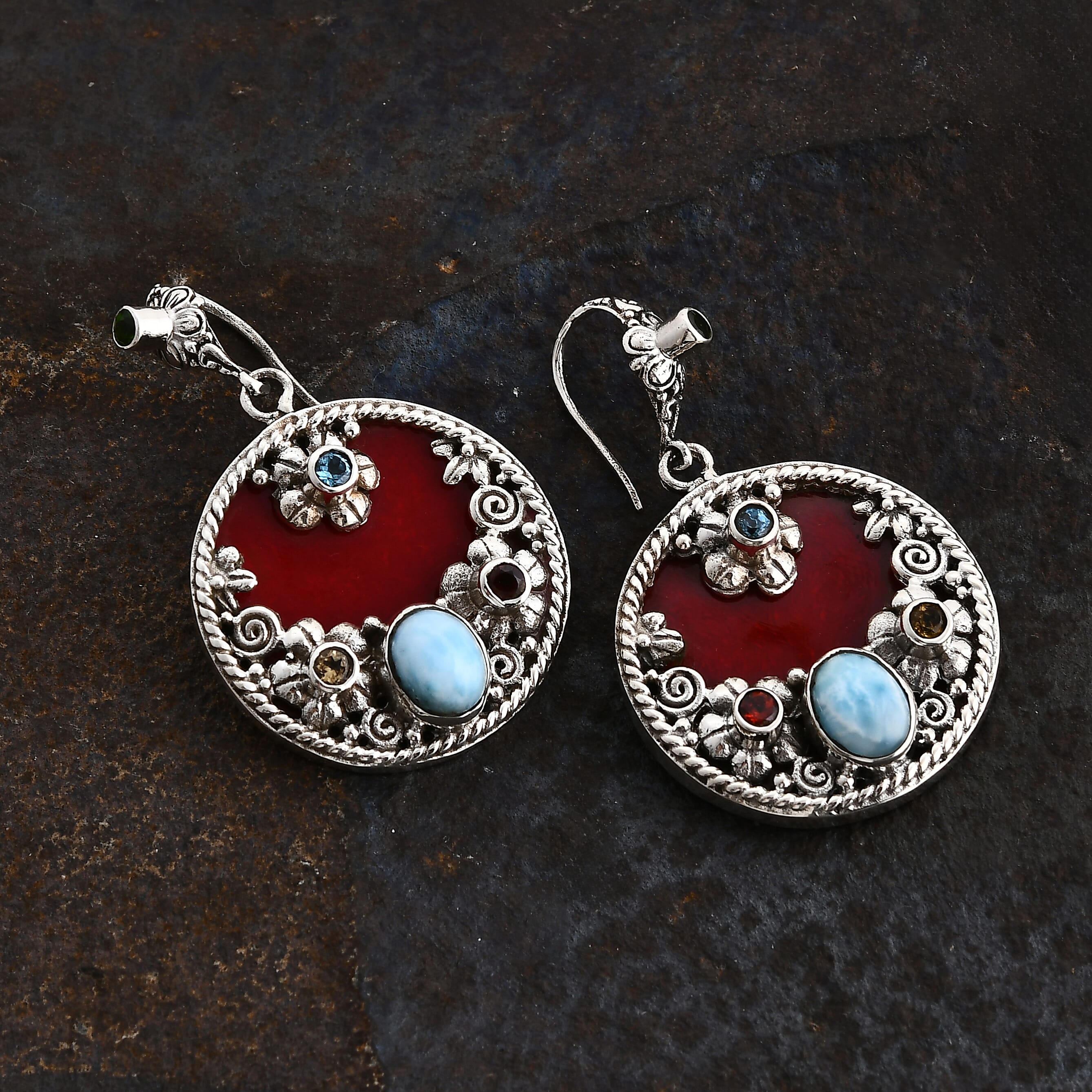 Bali Legacy Sponge Coral, Larimar and Multi Gemstone 5.60 ctw Ocean Bloom Earrings in Sterling Silver