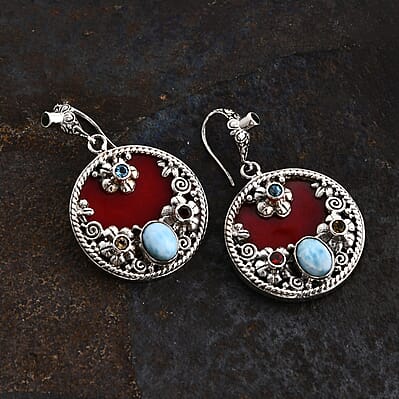 Bali Legacy Sponge Coral, Larimar and Multi Gemstone 5.60 ctw Ocean Bloom Earrings in Sterling Silver