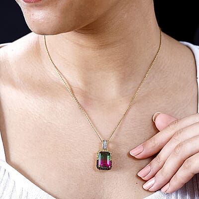 Watermelon Quartz and Multi Gemstone 8.85 ctw Pendant without Chain in 18K Vermeil Yellow Gold Over Sterling Silver