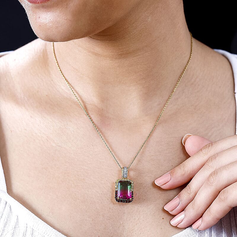 Watermelon Quartz and Multi Gemstone 8.85 ctw Pendant without Chain in 18K Vermeil Yellow Gold Over Sterling Silver
