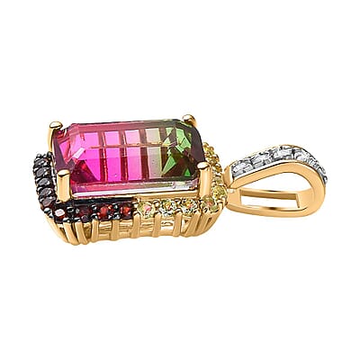 Watermelon Quartz and Multi Gemstone 8.85 ctw Pendant without Chain in 18K Vermeil Yellow Gold Over Sterling Silver