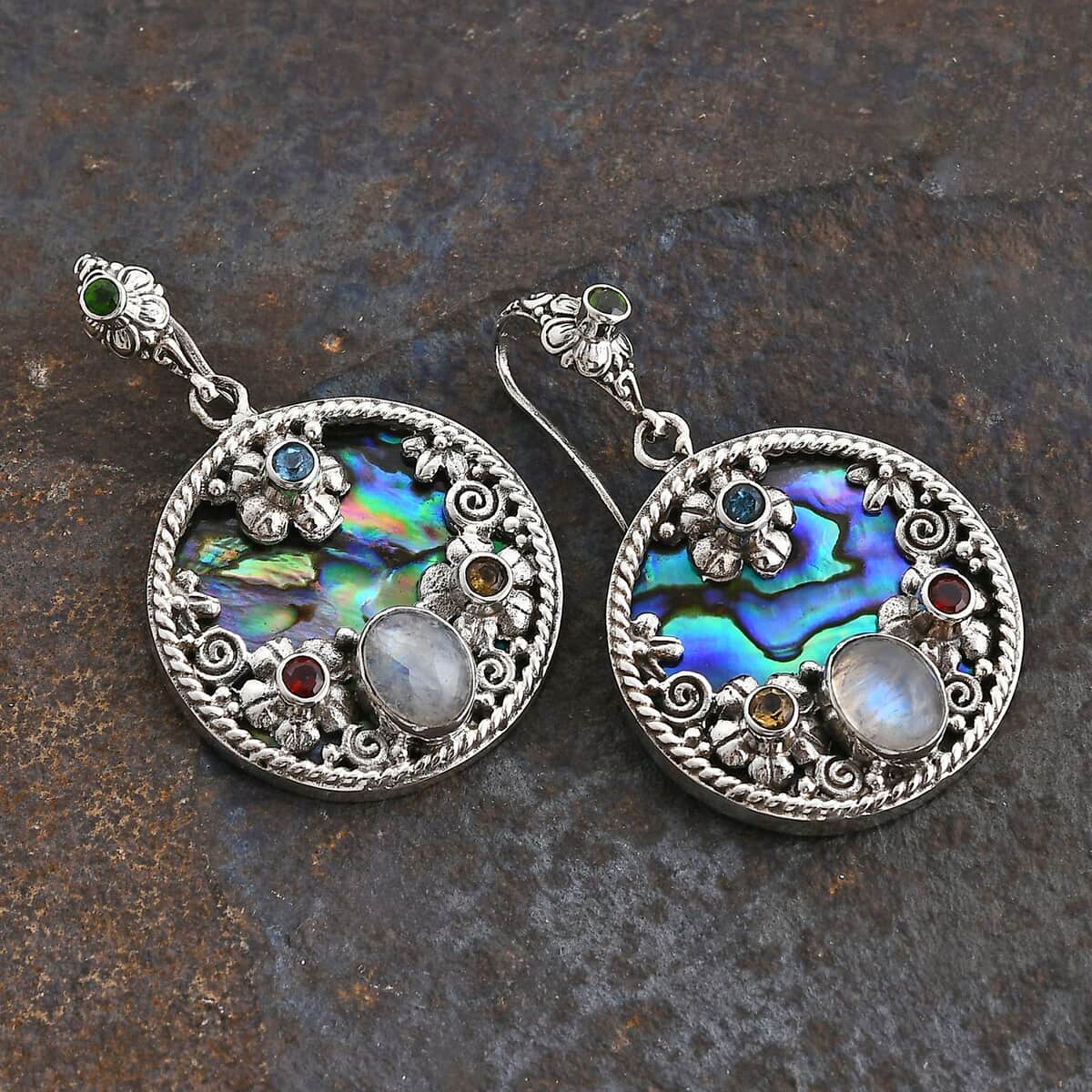 Bali Legacy Abalone Shell, Moon Glow Moonstone and Multi Gemstone 5.15 ctw Ocean Bloom Earrings in Sterling Silver image number 1