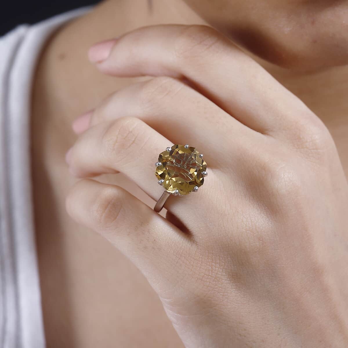 Lotus Cut Brazilian Citrine 10.40 ctw Ring in Rhodium Over Sterling Silver (Size 7.0)  image number 2