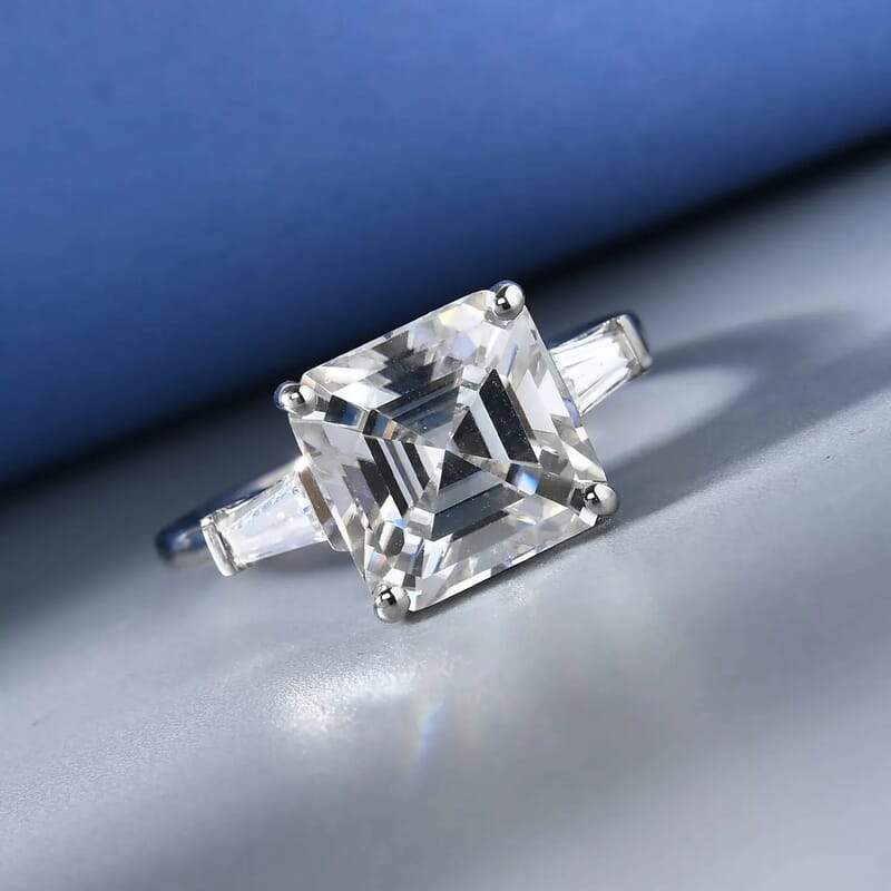 D'Joy Asscher Cut Moissanite Trilogy Ring in Platinum Plated Sterling Silver, 3 Stone Engagement Rings For Women (Size 10.0) 5.85 ctw