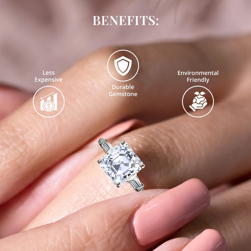 D'Joy Asscher Cut Moissanite Trilogy Ring in Platinum Plated Sterling Silver, 3 Stone Engagement Rings For Women (Size 10.0) 5.85 ctw