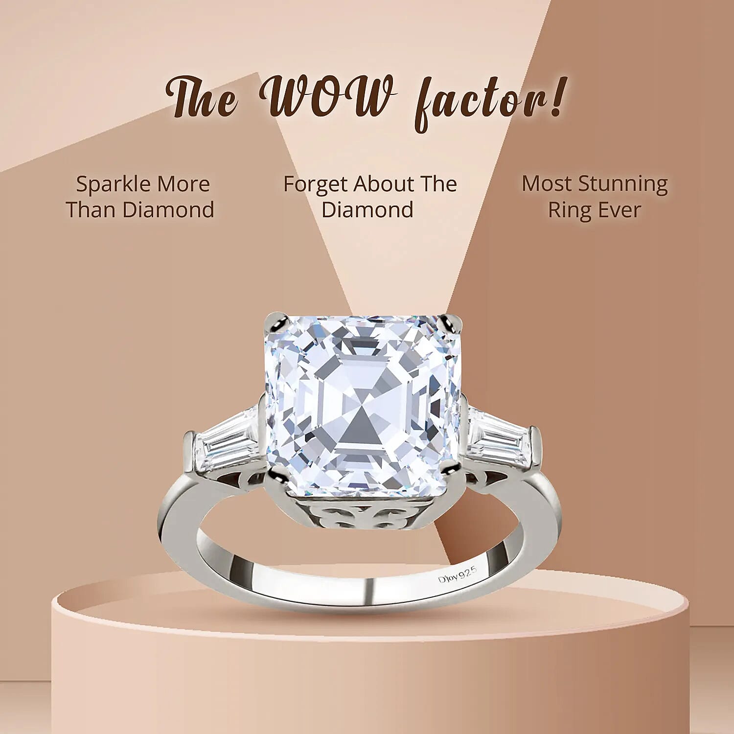 D'Joy Asscher Cut Moissanite Trilogy Ring in Platinum Plated Sterling Silver, 3 Stone Engagement Rings For Women (Size 10.0) 5.85 ctw