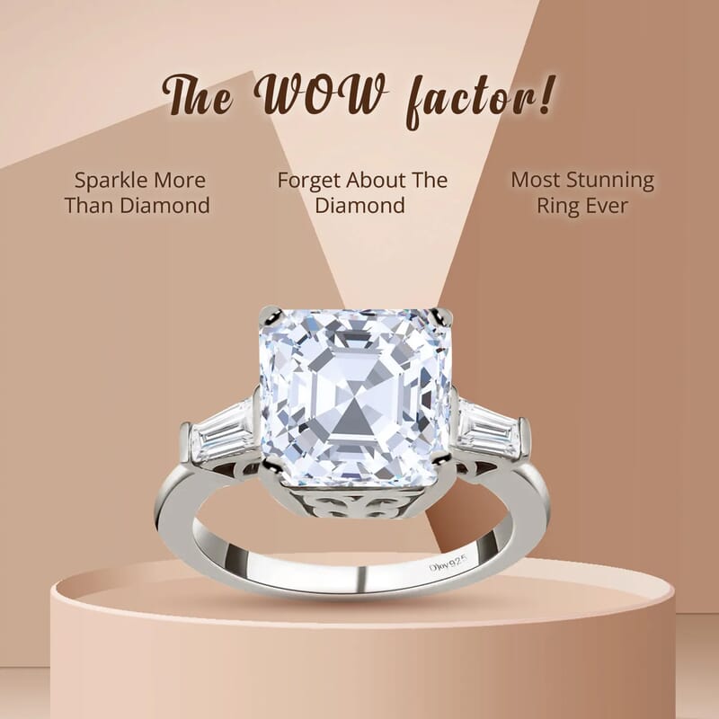 D'Joy Asscher Cut Moissanite Trilogy Ring in Platinum Plated Sterling Silver, 3 Stone Engagement Rings For Women (Size 10.0) 5.85 ctw