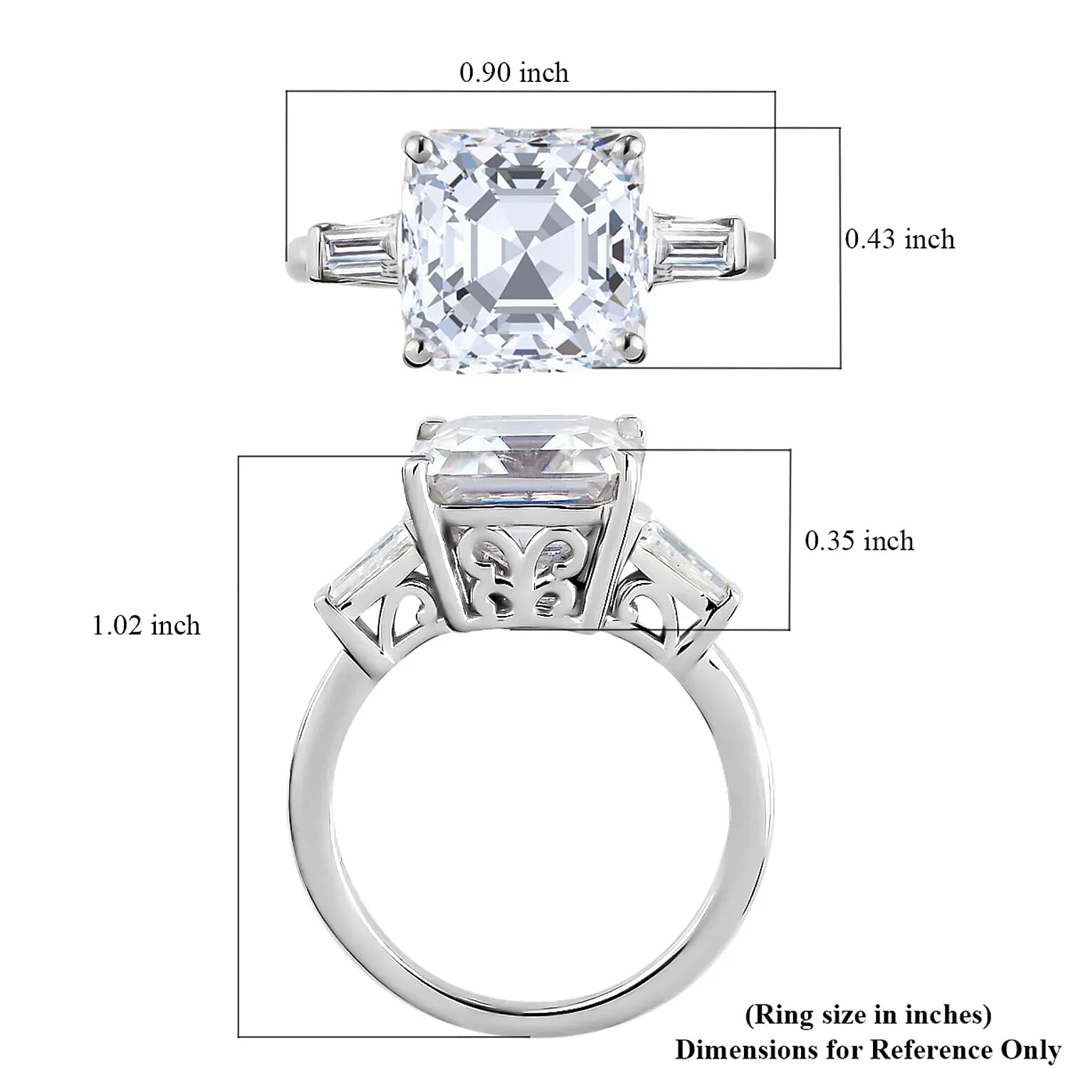 D'Joy Asscher Cut Moissanite Trilogy Ring in Platinum Plated Sterling Silver, 3 Stone Engagement Rings For Women (Size 10.0) 5.85 ctw