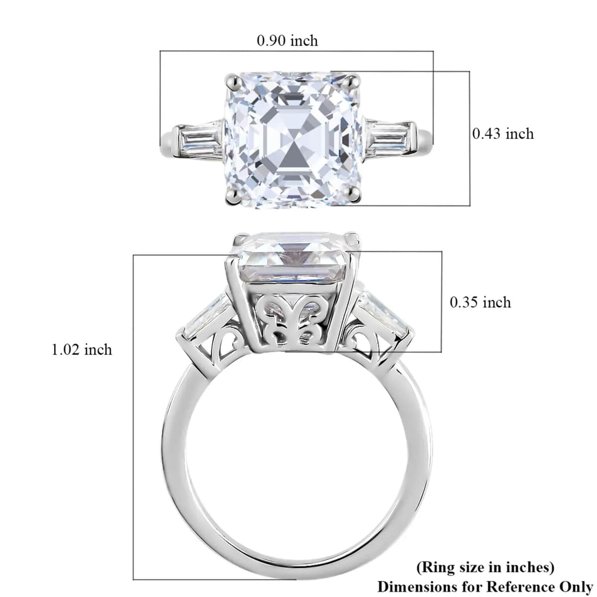 Asscher Cut Moissanite Trilogy Ring in Platinum Plated Sterling Silver, 3 Stone Engagement Rings For Women (Size 10.0) 5.85 ctw image number 6